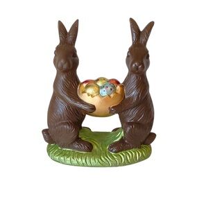 Pair of Brown Bunny Figurines Holding Golden Egg